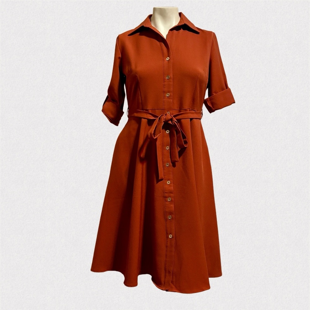 Sharagano Terracotta Midi Dress NWT Petite 4P Button Front Belted Work - Picture 2 of 7